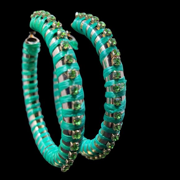 Green Rhinestone Hoop Earrings Y2K Statement Festival Retro - Picture 3 of 6